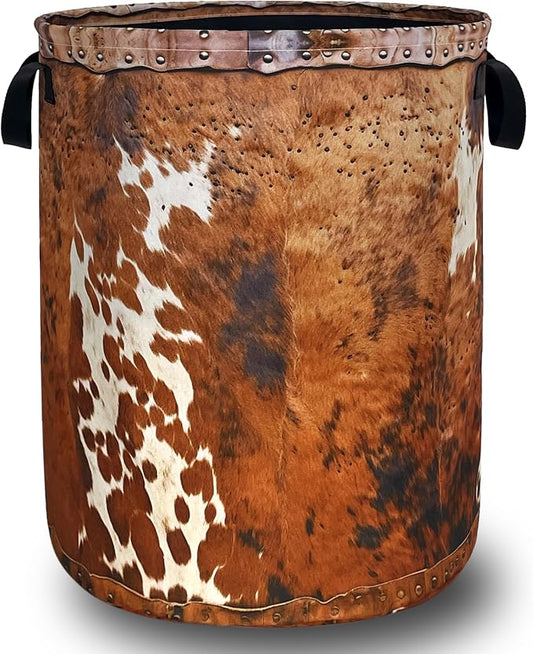 Brown Cow Skin Laundry Basket Foldable Hamper 18.9"x16.5" | Vintage Laundry Hamper With Handle Oxford Cloth Portable Clothes Storage Laundry Bag For Laundry Room/Bedroom/Bathrooms
