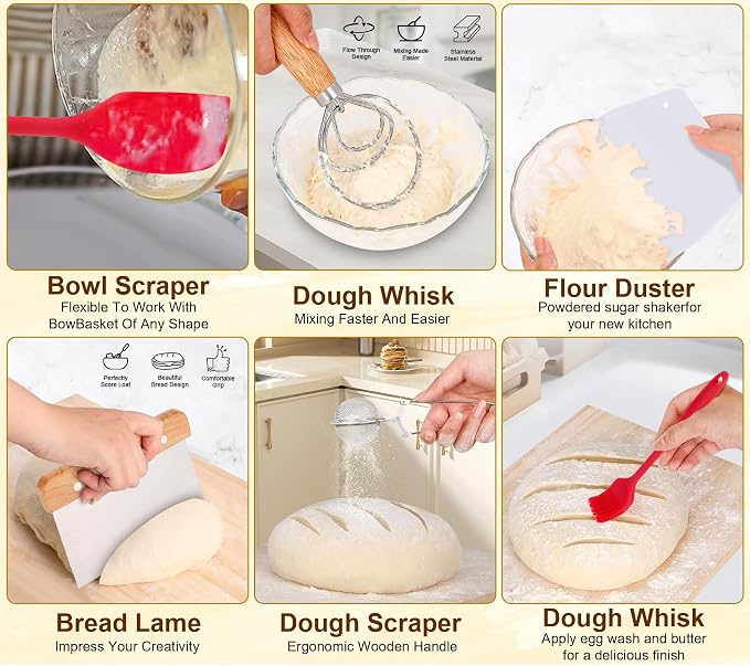Sourdough Starter Kit, Bread Baking Supplies with Round & Oval Banneton Proofing Basket, Bread Sling, Starter Jar, Dough Whisk, Scrapers, Stencils & Storage Bag, Bread Making Tools Gift for Bakers