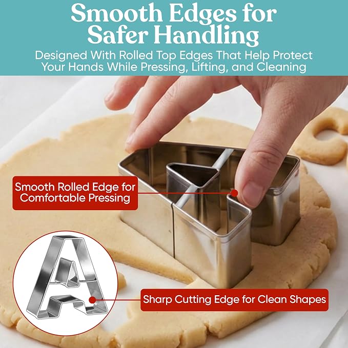 Bakerpan Stainless Steel Big Alphabet Cookie Cutter Set - 26 Large 3.5 Inch ABC Letter Cookie Cutters for Cookies, Biscuits, Fondant, Sandwiches & Cake Decorating + Bonus Dough Cutter