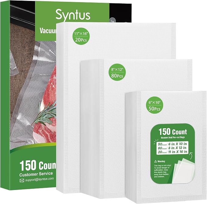 Syntus 150 Count Vacuum Sealer Bags, 20 Gallon 11" x 16" and 80 Quart 8" x 12" and 50 Pint 6" x 10" for Seal a Meal, BPA Free Heavy Duty Precut Bags, Food Vac Bags for Storage, Meal Prep or Sous Vide