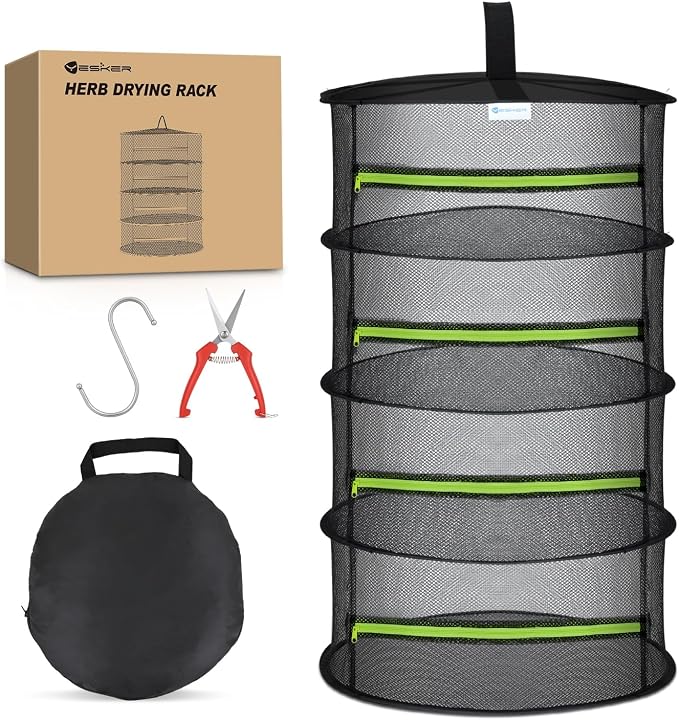 Yesker 4 Layer Herb Drying Rack Hanging Mesh Net Foldable Plant Drying Racks 24" w Green Zipper Pruning Shears Hook Dryer Hanging Rack for Herbs Seed Bud Fruit Clothes Grow Tent Closets Garden Outdoor