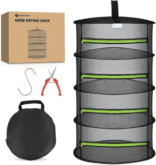 Yesker 4 Layer Herb Drying Rack Hanging Mesh Net Foldable Plant Drying Racks 24" w Green Zipper Pruning Shears Hook Dryer Hanging Rack for Herbs Seed Bud Fruit Clothes Grow Tent Closets Garden Outdoor