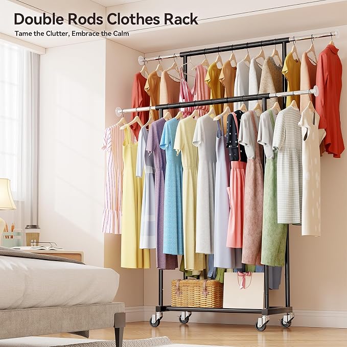 SUFAUY Clothes Rack, Double Rods Rolling Clothing Rack for Hanging Kid Clothes, Portable Garment Rack with Wheels, Coat Rack Wardrobe Closet Load 350 LBS (Black)