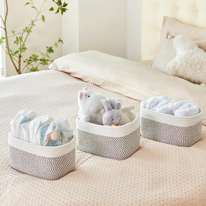 R RUNKA Small Cotton Rope Basket – Storage Bin for Organizing (10.6" x 6.7" x 6.7"), Bathroom Storage Basket for Shelf, Counter & Closet（White & Mixed Grey）