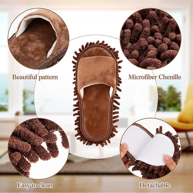 Jecery 4 Pair Washable Microfiber Mop Slippers Detachable Dusting Shoes for Floor Cleaning, Office & Home Use Suitable for Women & Men(Brown, Beige,M Size)
