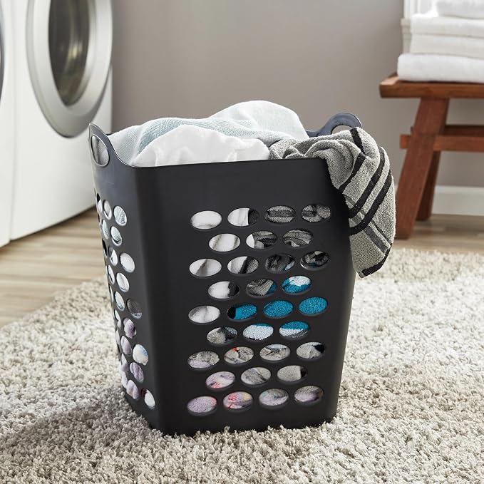 Flex Square Laundry Hamper, 2 Bushel Black Clothes Basket | Large capacity square design, built-in ventilation holes, equipped with sturdy dual carry handles for laundry storage