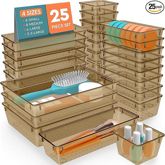SpaceHacks 25 PCS Plastic Drawer Organizer Set, 4-Size Versatile Organizer Trays & storage Bins for Makeup, Jewelry, and Gadgets in Bathroom, Bedroom and Office,Champagne