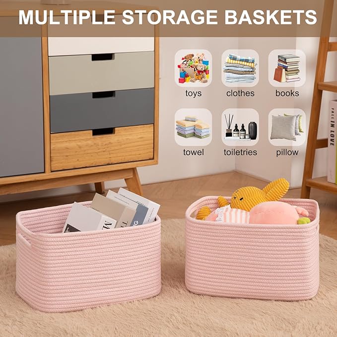OIASKET Storage Baskets for Organizing, Woven Decorative Baskets for Shelves - Books, Towels, and Clothes, Cotton Rope Toy Storage Bins, 12.7''Lx9''Wx7.8''H, Pack of 4, Pink