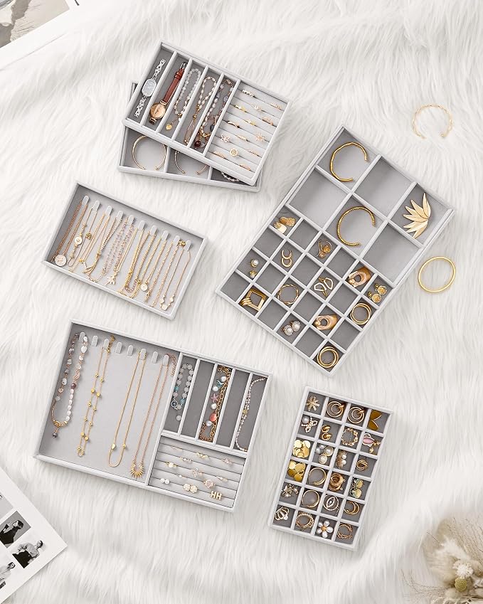 Lolalet Jewelry Drawer Organizer Inserts, Stackable Velvet Tray Jewelry Storage Organizers Set Display Cases for Necklaces Bracelets Earrings Rings Chains Bangles Watches, Grey, Set of 4