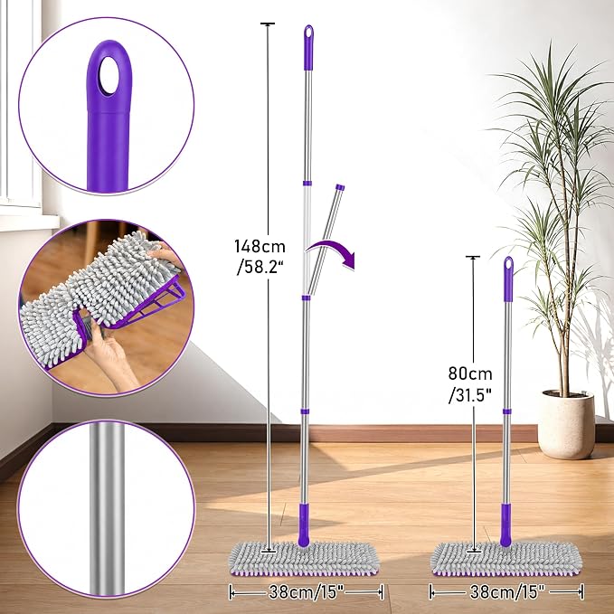 2-Sided Microfiber Flat Mop for Hardwood Floors & Walls Cleaning | Flip Dust Broom, Wet Dry Use, 3 Chenille & Microfiber Pads, 58" Handle, 360° Swivel, Sweep Pet Hair, Tile, Laminate, Kitchen
