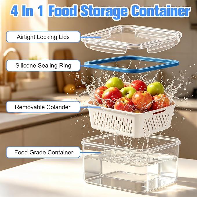 3 PCS Fruit Storage Containers for Fridge,Removable Colander,Airtight Food Storage Containers,Keep Fresh Longer