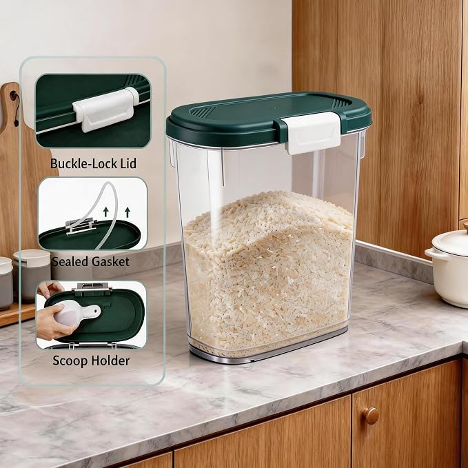 Rice Storage Container 15-20 Lbs, Tall Flour Bin Container with Scoop, Cup | Slim Dry Food Container Storage Bin for Cereal, Sugar, Beans, Pet, Dog, Cat Food, Kitchen and Pantry Storage Organization