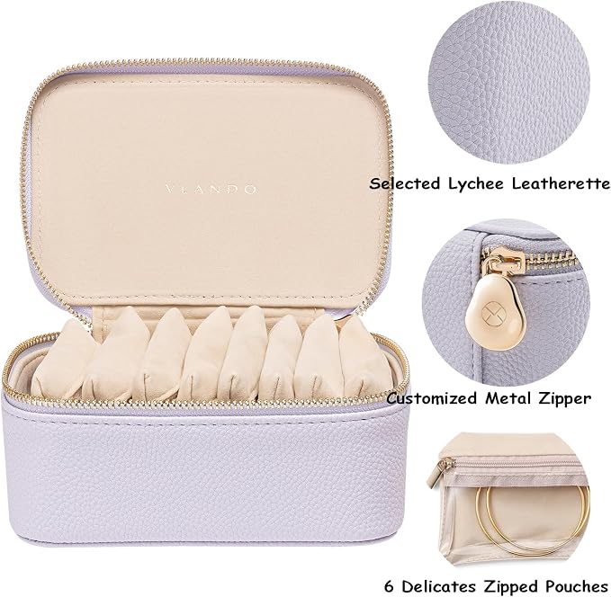 VLANDO Travel Jewelry Box Organizer – Portable PU Leather Jewelry Case with 6/8/12 Zippered Pouches, Compact Storage for Earrings Rings Necklaces Bracelets, Lilac Purple