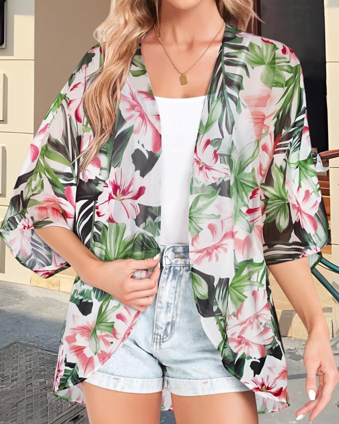 Women Kimono Cardigans Summer Cover Up Hawaiian Shirts Floral Print Tops | ROSEMIA chiffon kimono open front cardigans, beach cover ups, daily casual tops, cruise outfits, summer resort wear