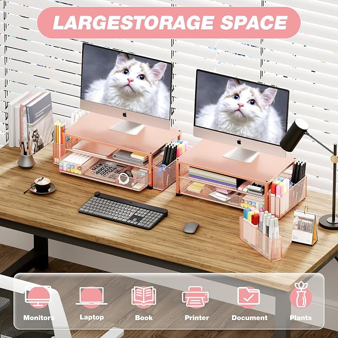 OPNICE Desk Organizer and Accessories, 2-Tier Computer Monitor Stand Riser with Drawer and 2 Pen Holders, Laptop Stand, Office Desk Accessories for Office Supplies, 1 Pack, Rose Gold