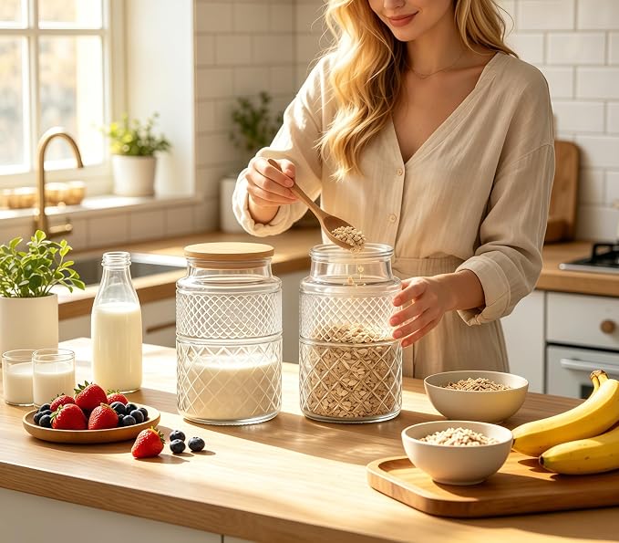 Large Glass Storage Jar, 60 FL OZ Glass Food Storage Containers with Bamboo Lid, Kitchen Laundry Room Organization Jar for Cookies Coffee Flour Sugar Laundry Pods Detergent Airtight Glass Jars