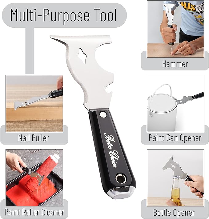 Bates- Paint Scraper, 10-in-1 Painter’s Tool, 3 Pack, Sharp Beveled Blade & Strong Handle, Hammer End, Multi-Use Paint Scraper for Wood, Caulk, Adhesive, Varnish Removal, Putty Knife & Spackle Tool