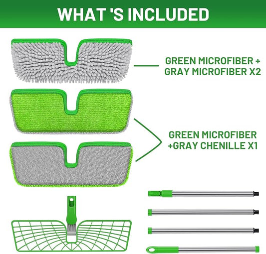 2-Sided Microfiber Dust Mop for Hardwood Floors & Walls | Flat Flip Head, Wet Dry Use, 3 Chenille & Microfiber Pads, 58" Handle, 360° Swivel, Sweep Pet Hair, Tile, Laminate, Kitchen