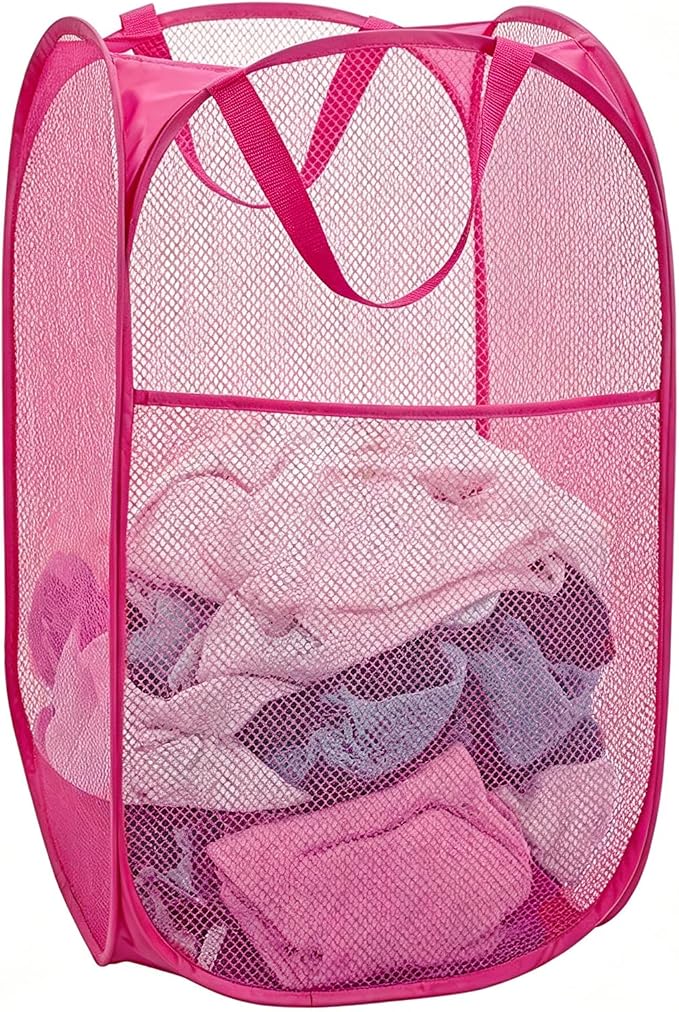 Larpur Popup Laundry Basket, Collapsible Portable Mesh Clothes Washing Laundry Hamper with Reinforced Carry Handles (Pink)