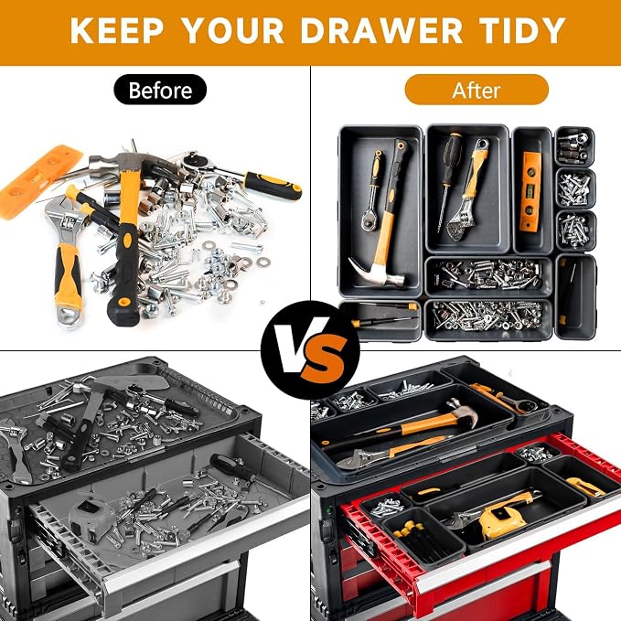Tool Box Organizer Tray, 60 PCS & 5 Sizes, Black | Durable ABS Plastic Toolbox Desk Drawer Organizer, Interlocking Design, Toolbox Organization Storage for Rolling Tool Chest