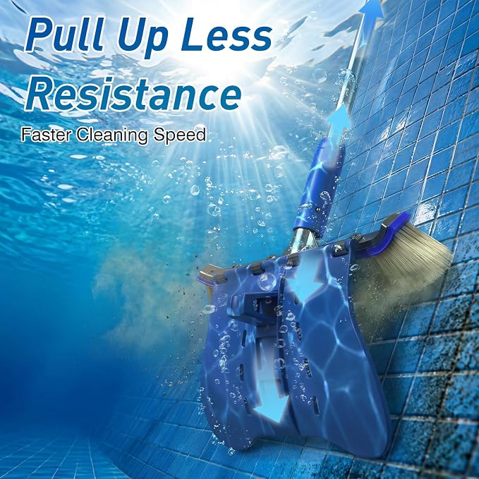 Pool Brush with Brush Tail for Cleaning Pool Walls Using Water Pressure, 18" Tough Plastic Bristles Pool Brush Head with EZ Clips Fit Most Poles (Pole not Included)