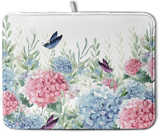 Spring Flowers Dish Drying Mat for Kitchen Counter Blue Pink Hydrangea Floral Drying Mats Absorbent Reversible Microfiber Dish Draining Mat Reusable Washable Dishes Pad Extra Large 18"x24"