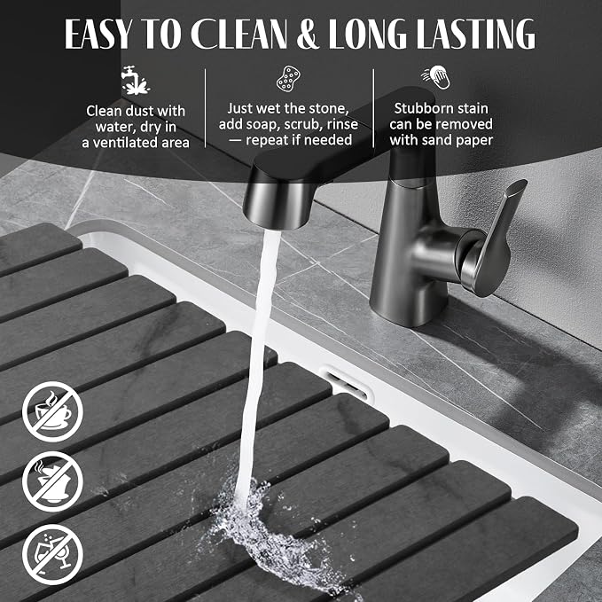 2 PCS Large Stone Dish Drying Mat for Kitchen Counter, 24"×16" Marble-Pattern Dish Drying Mat with 8"x 4" Coasters, Non - Slip Collapsible Absorbent Mat for Multi - Purpose, Match Any Countertop【Gray】