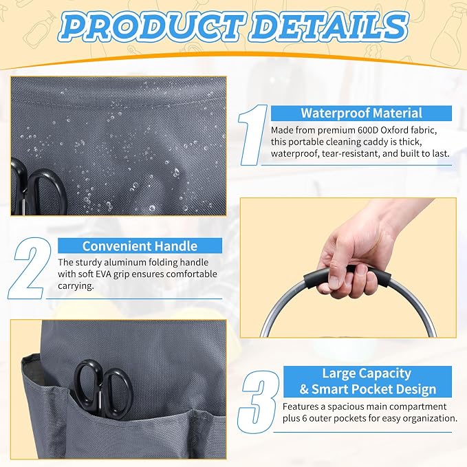 17L Cleaning Caddy with Handle & 6 Pockets, Foldable Cleaning Supply Organizer, Portable Shower Caddy, 600D Oxford Fabric Storage Basket for Home, Camping, Gardening, Bathroom, Cleaning Supply