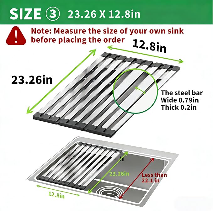 Over the Sink Kitchen Dish Drying Rack Organizer - Stainless Steel Collapsible Non-Slip Space-Saving [23.26 * 12.8IN] - Rust-Resistant Heat-Resistant Sturdy - Easy to Clean