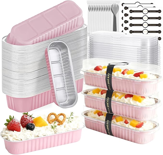 50 Pack Mini Cake Pans with Lids and Spoons, Mini Loaf Baking Pans 6.8oz, Small Disposable Aluminum Foil Loaf Pans, Rectangular Baking Containers for Party and Picnics, Cheesecake Pans (Pink)