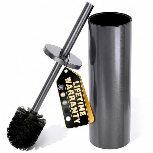 Graphite Metallic Stainless Steel Toilet Brush and Holder Set | Toilet Bowl Brush and Holder with Splash Cover, Sturdy Bristles, Corrosion & Scratch Resistant, Elegant Design
