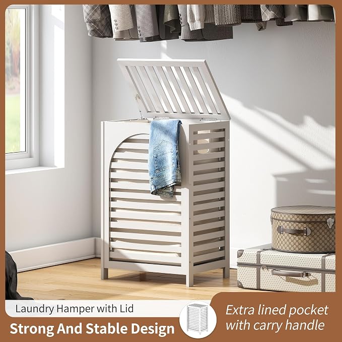 Laundry Hamper with Lid (16.9 * 13 * 26.5inches) Large Bamboo Laundry Bin Basket 85L Clothes Hamper with 1 Removable Bag Storage baskets for Bathroom (White)
