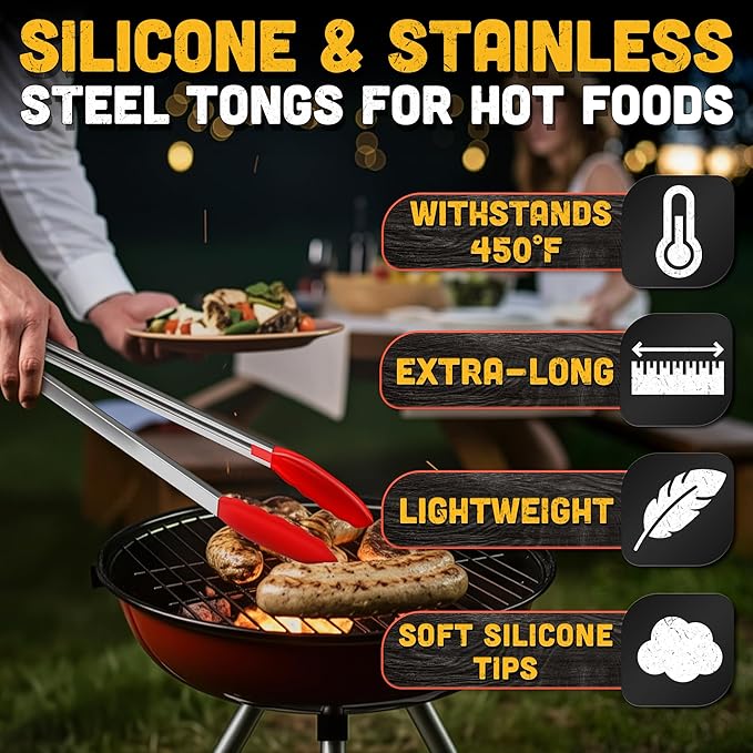 Salad Tongs - 17.3" Extra Long Tongs with Silicone Tip & Stainless Steel Frame for Salad Mixing & Serving, Safe Turning of Steaks, Burgers & Veggies - Easy-Lock Handle, Non-Slip Grip & Storage Loop