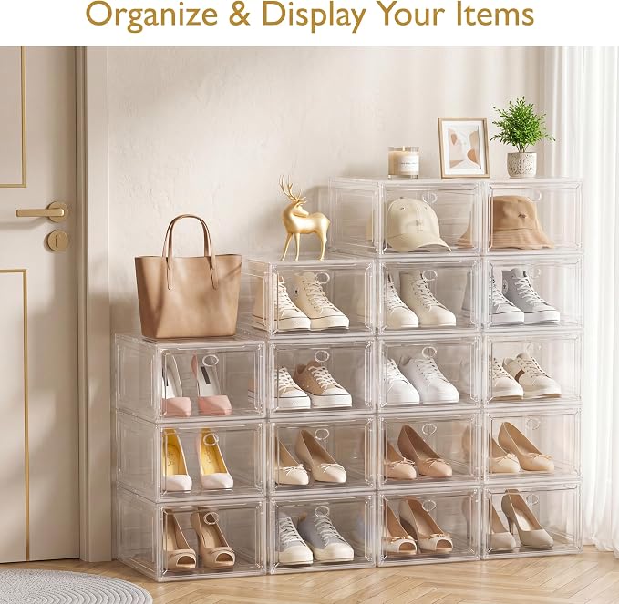 7 code Shoe Organizer, Clear Thickened Stackable Shoe Boxes with Magnetic Door, Collapsible Closet Storage Rack for Sneakers & Boots, 6 Pack White, Virgin Material, Not Recycled Plastic for Household | Thick Plastic Shoe Storage for Sneakers & Boots, C...