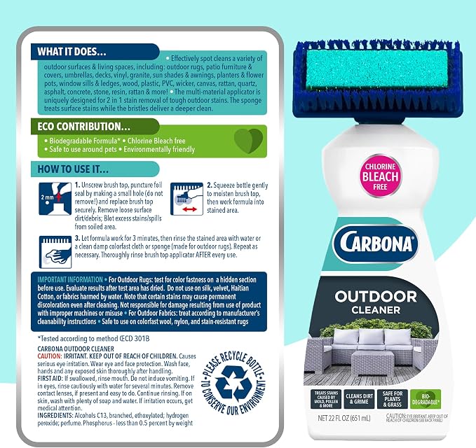 Carbona Oxy Powered Outdoor Cleaner with Built-In Brush (22 Fl Oz), Spot Cleaner for Outdoor Furniture, Rugs & Decks, 2-in-1 Sponge & Bristle Brush
