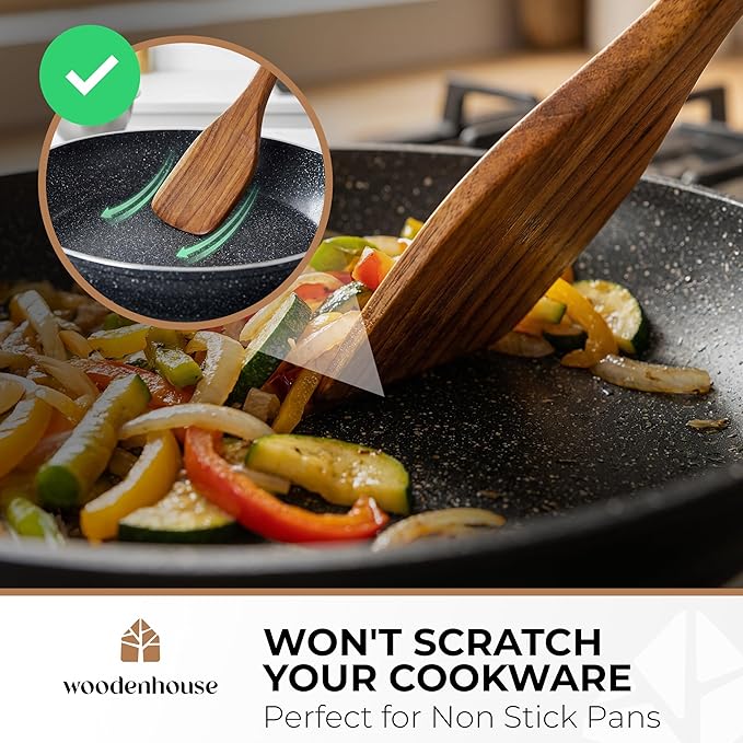 Wooden Spoons for Cooking 13 Pcs – Sturdy & Easy to Clean, Natural Teak Wooden Utensil Set – Non-Scratch Wood Kitchen Utensils Set with Spatula, Ladle, Spoons, Tongs, Whisk, Holder, Spoon Rest & Hooks