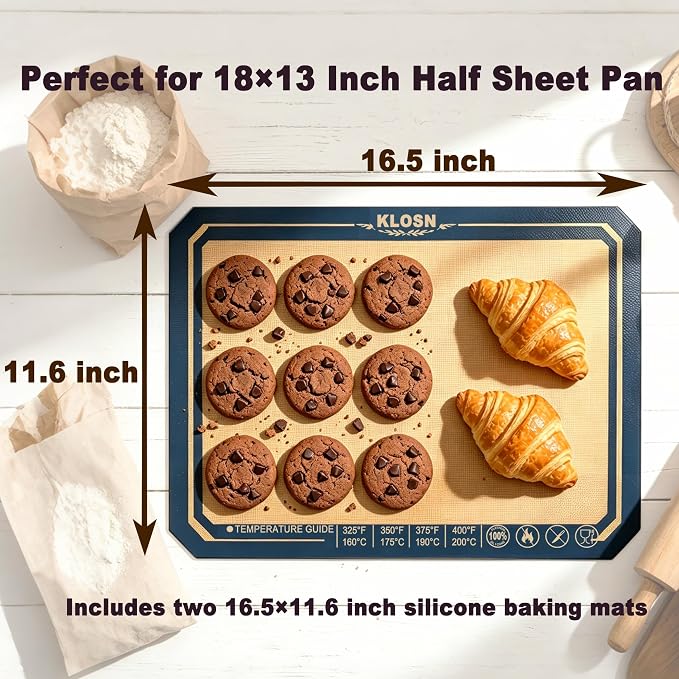 Silicone Baking Mat 16.5″ × 11.6″- 2 Pack, Non-Stick & 500°F Heat Resistant Macaron Silicone Mats, Easy to Clean Reusable Food-Grade Silicone Cookie Sheet for Baking Supplies Fit Half Sheet Pan
