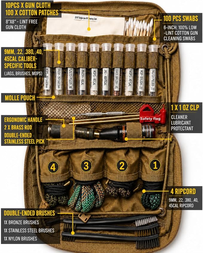 Handgun&Pistol Cleaning Kit for 9mm, .22, .380, .40, .45Cal with Ripcord | CLP, Chamber Tool & Brass Bore Brush with Range Bag for Pistol,Includes 100 Gun Cleaning Swabs& Patches