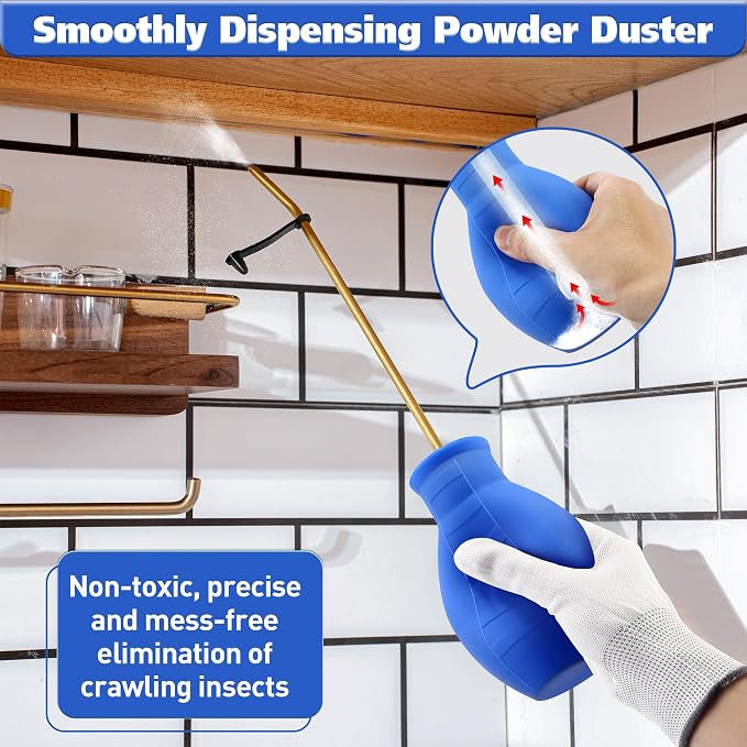 2 Pack Diatomaceous Earth Powder Duster, 8OZ Garden Powder Applicator Dispenser with Long Metal Tube, Bulb Duster Sprayer for Home Organic Gardening Agricultural Supply(Blue) | 8OZ bulb duster. Rust-resistant brass/aluminum tube. Smooth upward discharg...