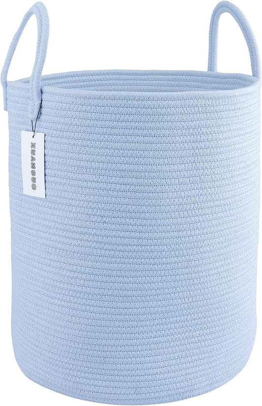 XUANGUO Cotton Rope Laundry Basket Hamper for Clothes, light blue | Woven Storage Basket for Living Room Bedroom Boho Tall Rope Baskets for Blanket Toys Pillow Towels Baby Nursery Hamper Bin