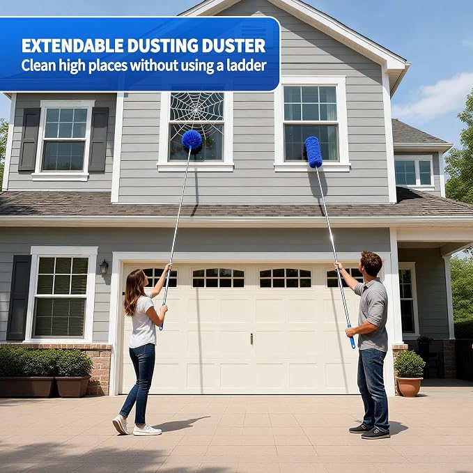 Cobweb Duster with Extension Pole, Washable Cleaning Duster Kit with 3 Duster Heads, Cobweb Duster, Corner Brush, Gap Dust Cleaner, Telescoping Pole for Ceiling Fan, Long Duster for high Ceilings