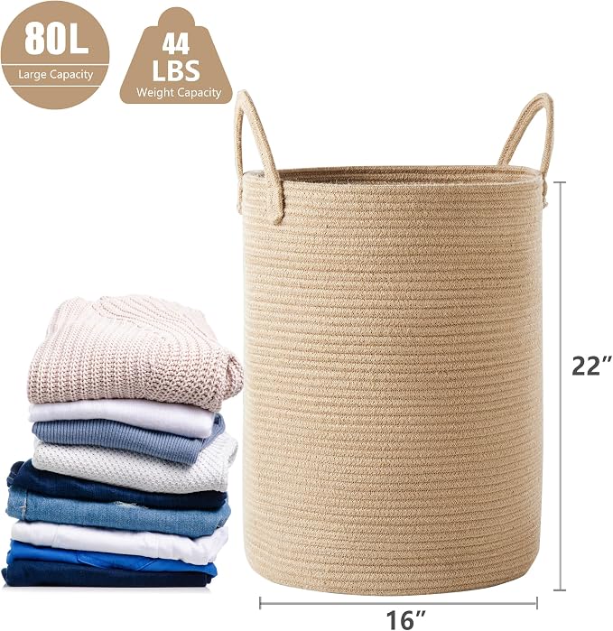 80L Large Jute Woven Laundry Hamper Tall Wicker Laudnry Basket | Rope Clothes Hamper Boho Blanket Basket in Living Room Bedroom 16"D x 22"H Extra Large