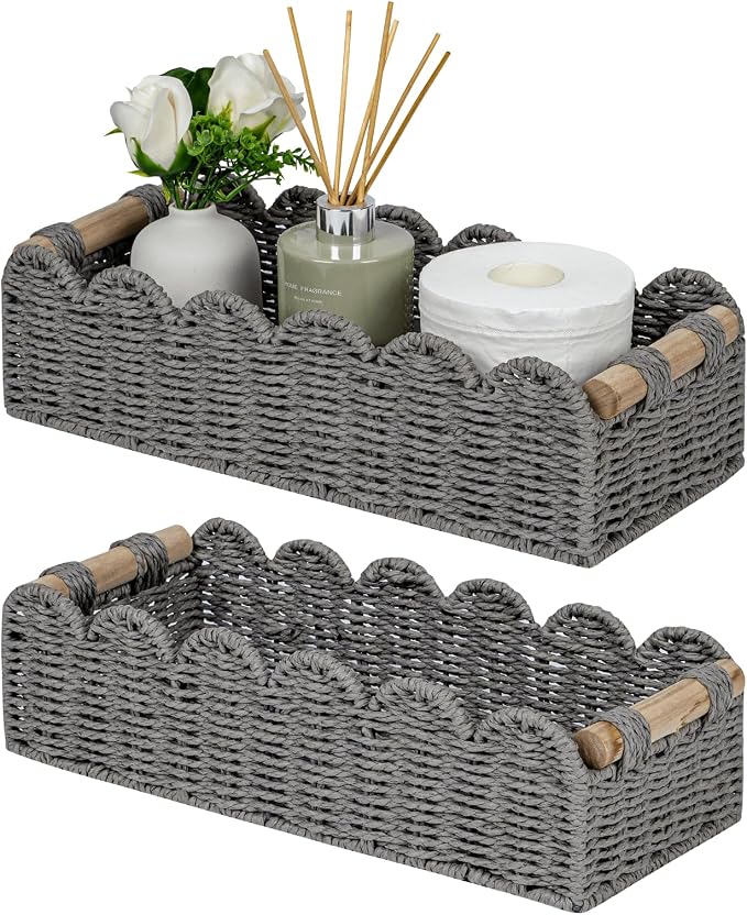 CubesLand Bathroom Basket Organizer, Toilet Tank Paper Storage Baskets 2PK | Scalloped Decorative Basket for Countertop w/Handle, Wicker Basket for Bathroom Decor, Home Decor, Living Room, Grey