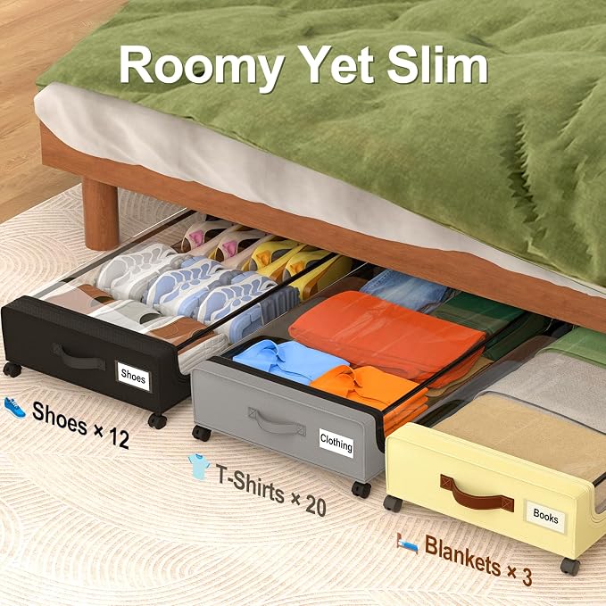 GoMaihe Under Bed Storage with Wheels: 48L Underbed Storage Containers with Lids - Rolling Bins for Shoes Clothes in Dorm Bedroom - Metal Drawers Easy Pull-out Beige 2-Pack