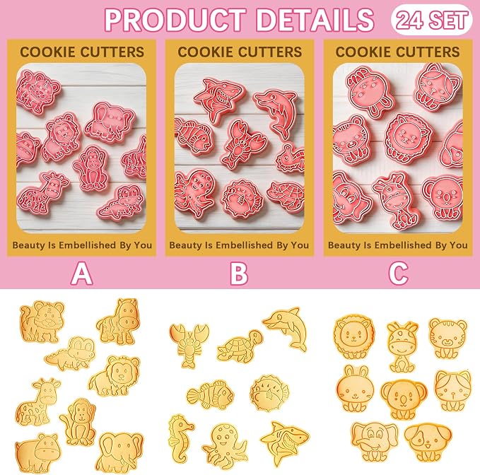 24 Pcs Animal Cookie Cutters with Plunger Stamps Set 3D Animals Lion Cookie Cutters Stamps Plastic Cookie Cutter Animal Cracker Cookie Cutters Cookie Stamps for Baking Supplies