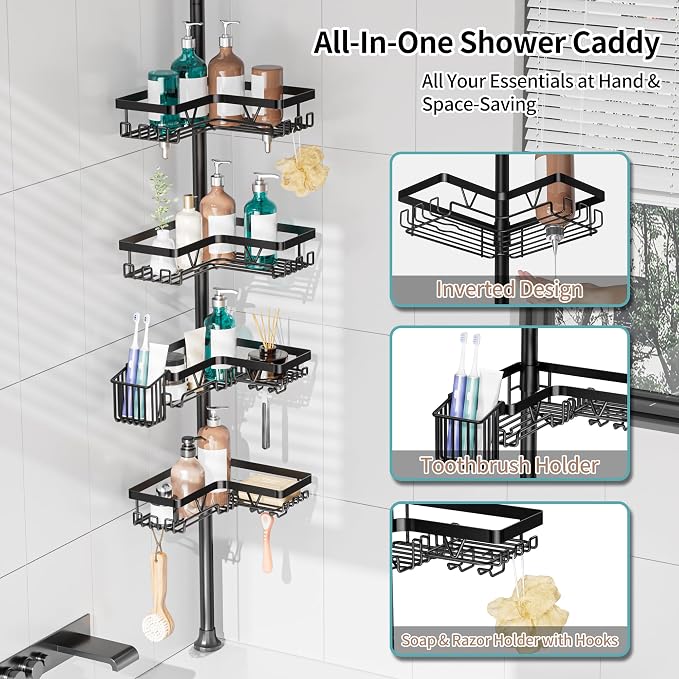 KEGII Corner Shower Caddy Tension Pole with Toothbrush Holder | Adjustable Shower Organizer with Soap Holder and Hooks, No Drilling Rustproof Bathroom Shelf Storage Rack, Fits 25-114.2 Inch