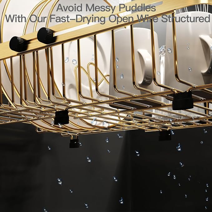 MAJALiS Gold Dish Drying Rack Over The Sink with Utensil Holder | Expandable Stainless Steel Dish Drainer for Small Kitchen, Apartment, RV, Counter Space Saving, Perfect Fit, Rustproof
