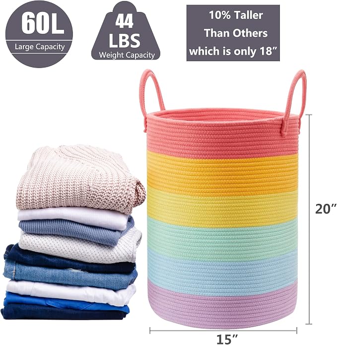 60L Large Rainbow Hamper Tall Woven Rope Laundry Basket for Kids | Nursery Baby Girls Toddler Clothes Blanket Toy Storage Unicorn Hamper in Playroom Bedroom 15"Dx20"H