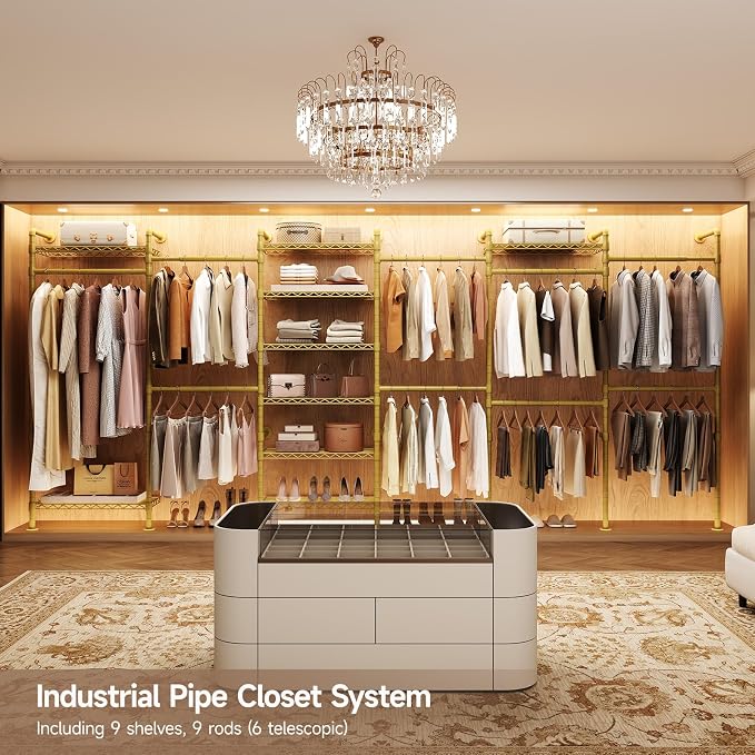 Wall Mounted Garment Rack, Industrial Pipe Clothing Rack, Closet System with 6 Expandable Rods, Walk in Closet Shelving, Clothes Organizers and Storage, Hanging Racks Wardrobe Renovation, Gold