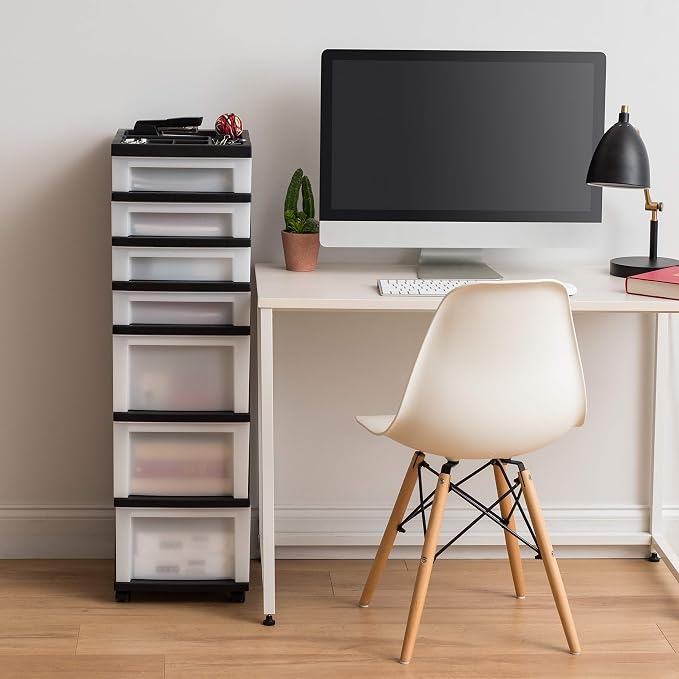 IRIS USA 7-Drawer Rolling Storage Cart, Black/Pearl | Keep craft supplies, office essentials, classroom items, and accessories organized with easy-access drawers for daily use